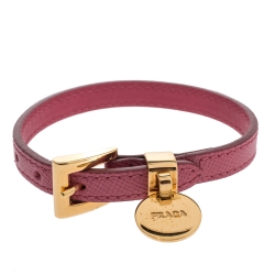 Pre Owned Prada Pink Saffiano Leather Gold Tone Logo Charm Bracelet 