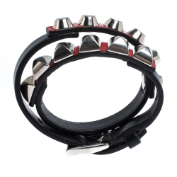 Pre Owned Prada Black Leather Studded Silver Tone Double Wrap Bracelet S
