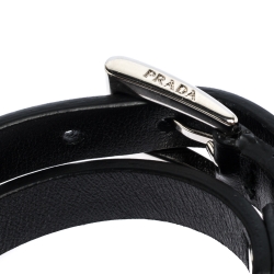 Pre Owned Prada Black Leather Studded Silver Tone Double Wrap Bracelet S