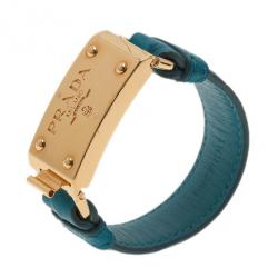 Pre Owned Prada Ostrich Gold-Plated Blue Leather Bracelet 17CM