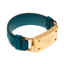 Pre Owned Prada Ostrich Gold-Plated Blue Leather Bracelet 17CM