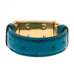 Pre Owned Prada Ostrich Gold-Plated Blue Leather Bracelet 17CM