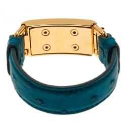 Pre Owned Prada Ostrich Gold-Plated Blue Leather Bracelet 17CM
