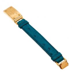 Pre Owned Prada Ostrich Gold-Plated Blue Leather Bracelet 17CM