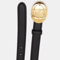 مملوكة مسبقًا Prada Black Leather Engraved Oval Plaque Buckle Belt 80CM