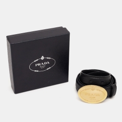 مملوكة مسبقًا Prada Black Leather Engraved Oval Plaque Buckle Belt 80CM