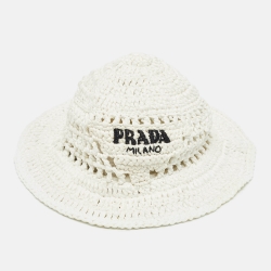 مملوكة مسبقًا Prada White Raffia Crochet Bucket Hat M