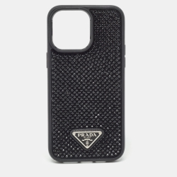 Prada Black Rubber Crystals Embellished iPhone 14 Pro Case