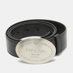 Pre Owned Prada Black Leather Logo Plague Buckle Belt 