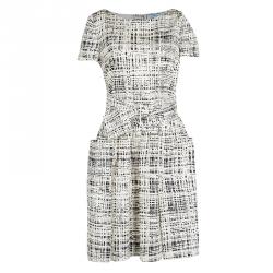 Prada Monochrome Printed Silk Short Sleeve Pocket Detail Belted Dress M