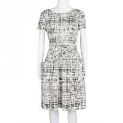 Prada Monochrome Printed Silk Short Sleeve Pocket Detail Belted Dress M
