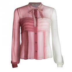 Pre Owned Prada SS'04 Pink Ombre Neck Tie Detail Pleated Long Sleeve Silk Blouse S