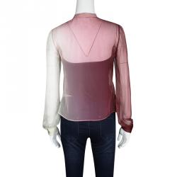 Pre Owned Prada SS'04 Pink Ombre Neck Tie Detail Pleated Long Sleeve Silk Blouse S