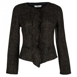 Prada Vintage Brown and Black Textured Fringed Edge Zip Front Jacket S