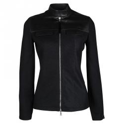 Pre Owned Prada Black Leather Yoke Detail Zip Front Mesh Jacket S