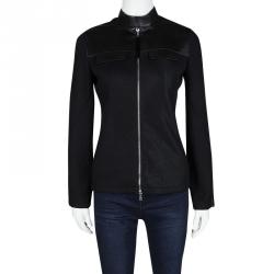 Pre Owned Prada Black Leather Yoke Detail Zip Front Mesh Jacket S