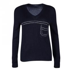 Pre Owned Prada Navy Blue Cashmere Contrast Stitch Detail V Neck Sweater S
