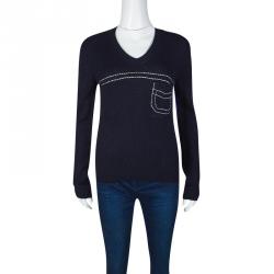 Pre Owned Prada Navy Blue Cashmere Contrast Stitch Detail V Neck Sweater S