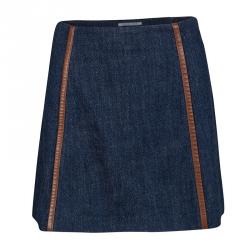 Pre Owned Prada Indigo Dark Wash Denim Leather Trim Detail Mini Skirt M