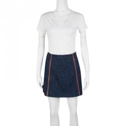 Pre Owned Prada Indigo Dark Wash Denim Leather Trim Detail Mini Skirt M