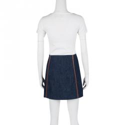Pre Owned Prada Indigo Dark Wash Denim Leather Trim Detail Mini Skirt M