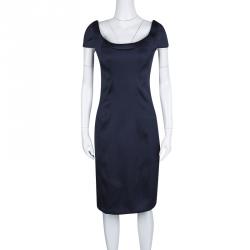 Pre Owned Prada Navy Blue Satin Cap Sleeve Fitted Sheath Dress L