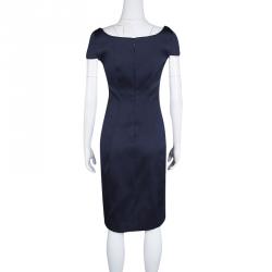 Pre Owned Prada Navy Blue Satin Cap Sleeve Fitted Sheath Dress L