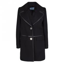 Pre Owned Prada Black Wool Leather Trim Coat S