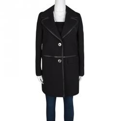 Pre Owned Prada Black Wool Leather Trim Coat S