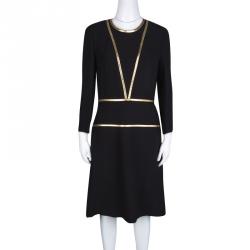 Pre Owned Prada Black Contrast Gold Leather Trim Long Sleeve Dress M