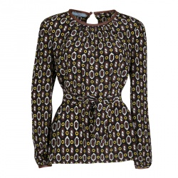Pre Owned Prada Multicolor Printed Silk Leather Trim Long Sleeve Belted Blouse M 