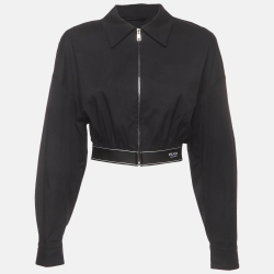 مملوكة مسبقًا Prada Black Stretch Poplin Logo Band Cropped Jacket M 