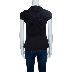 Prada Black Smocked Cotton Cap Sleeve Button Front Top S