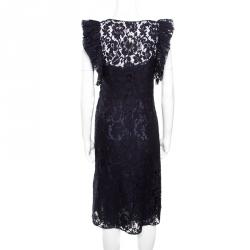 Pre Owned Prada Navy Blue Floral Lace Ruffled Sleeveless Dress S