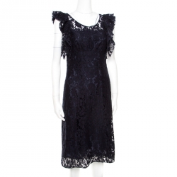 Pre Owned Prada Navy Blue Floral Lace Ruffled Sleeveless Dress S