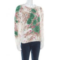 Prada Off White Floral Intarsia Pattern Fuzzy Angora Sweater M