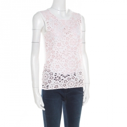 Pre Owned Prada White and Pink Eyelet Floral Embroidered Sleeveless Top S