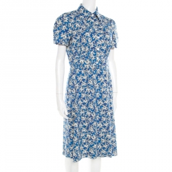 Pre Owned Prada Shaded Blue Floral Print Stretch Cotton Shirt Dress M