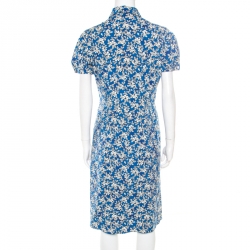 Pre Owned Prada Shaded Blue Floral Print Stretch Cotton Shirt Dress M