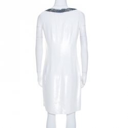 Prada Off White Sequined Silk Sleeveless Shift Dress S