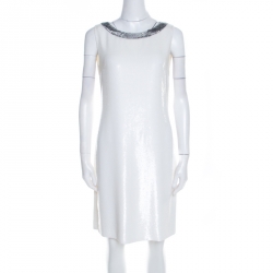 Prada Off White Sequined Silk Sleeveless Shift Dress S