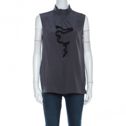 Prada Charcoal Grey Silk Crepe de Chine Ruffled Trim Sleeveless Top S