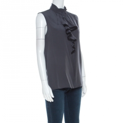 Prada Charcoal Grey Silk Crepe de Chine Ruffled Trim Sleeveless Top S