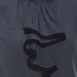 Prada Charcoal Grey Silk Crepe de Chine Ruffled Trim Sleeveless Top S