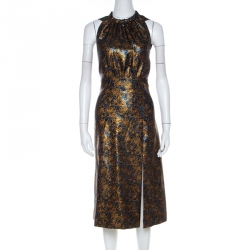 Pre Owned Prada Gold Floral Brocade Halter Midi Dress M