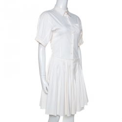 Pre Owned Prada Off White Stretch Cotton Pleated Shirt Dress S