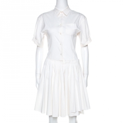 Pre Owned Prada Off White Stretch Cotton Pleated Shirt Dress S