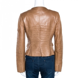 Pre Owned Prada Beige Leather Gathered Zip Front Jacket M