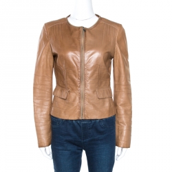 Pre Owned Prada Beige Leather Gathered Zip Front Jacket M