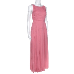 Pre Owned Prada Pink Silk Chiffon Pleated Sleeveless Maxi Dress S